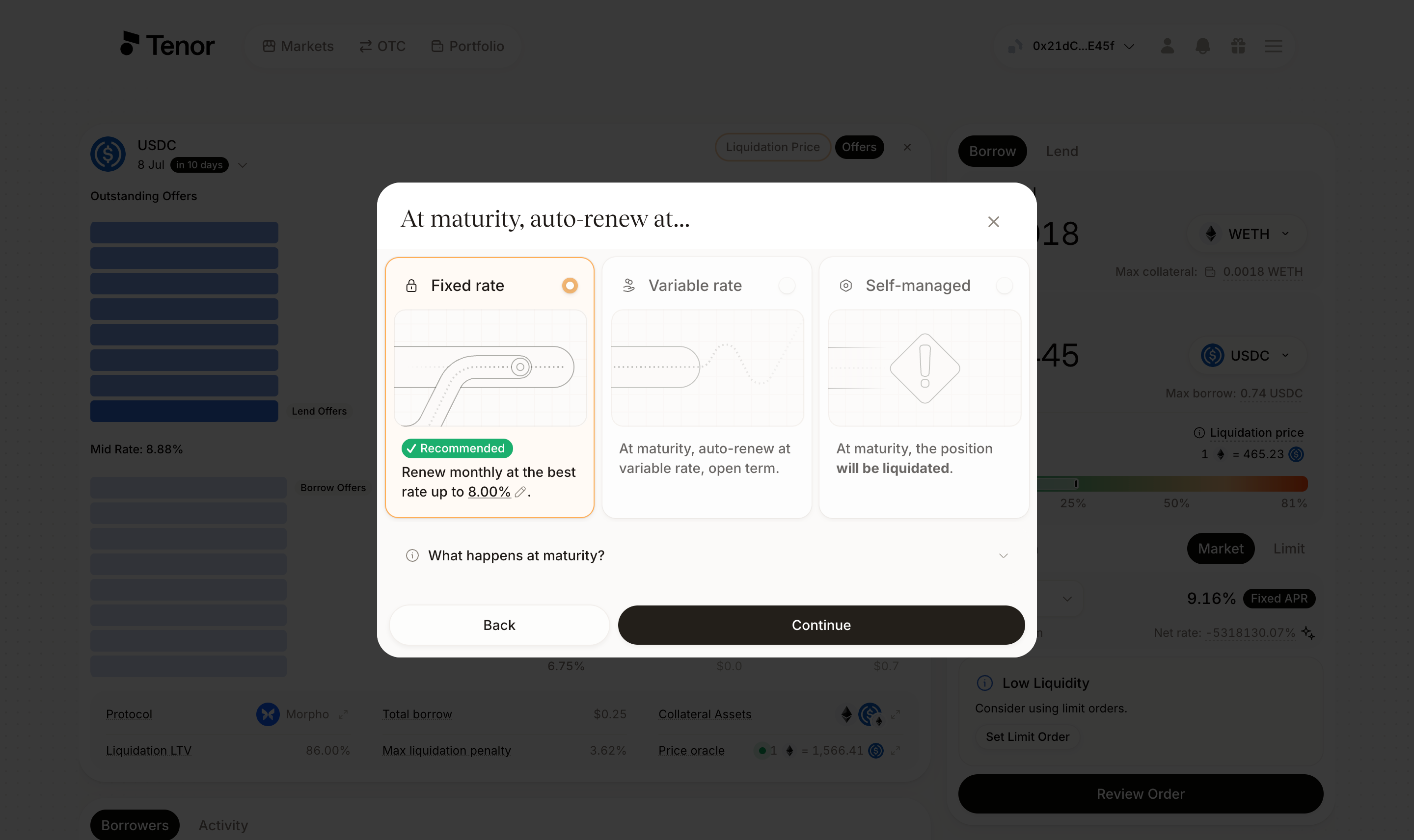 The 'At maturity, auto-renew at' window with the Fixed rate, Variable rate, and Self-managed policy options.