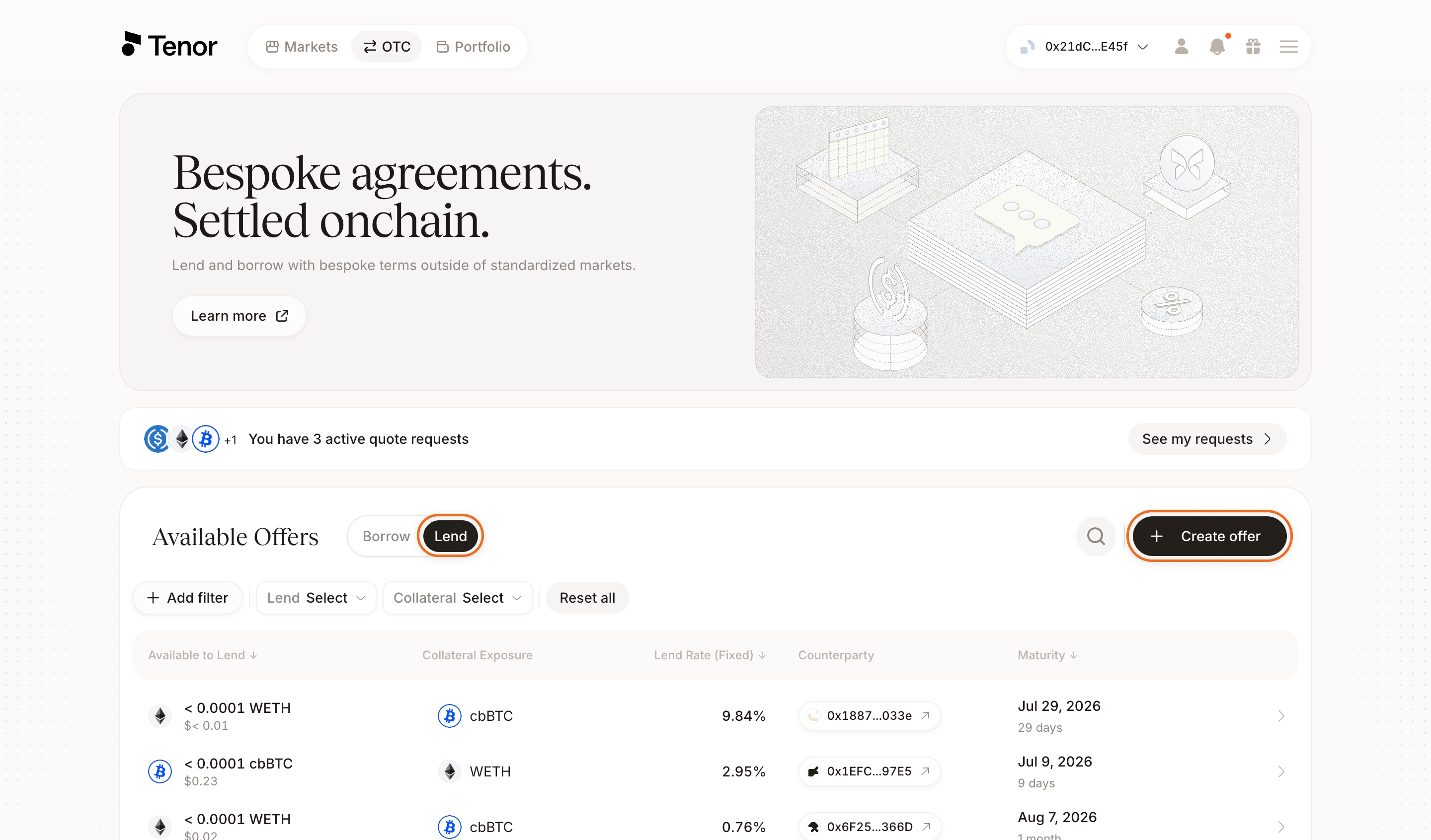Lend tab and Create offer button highlighted on the OTC page