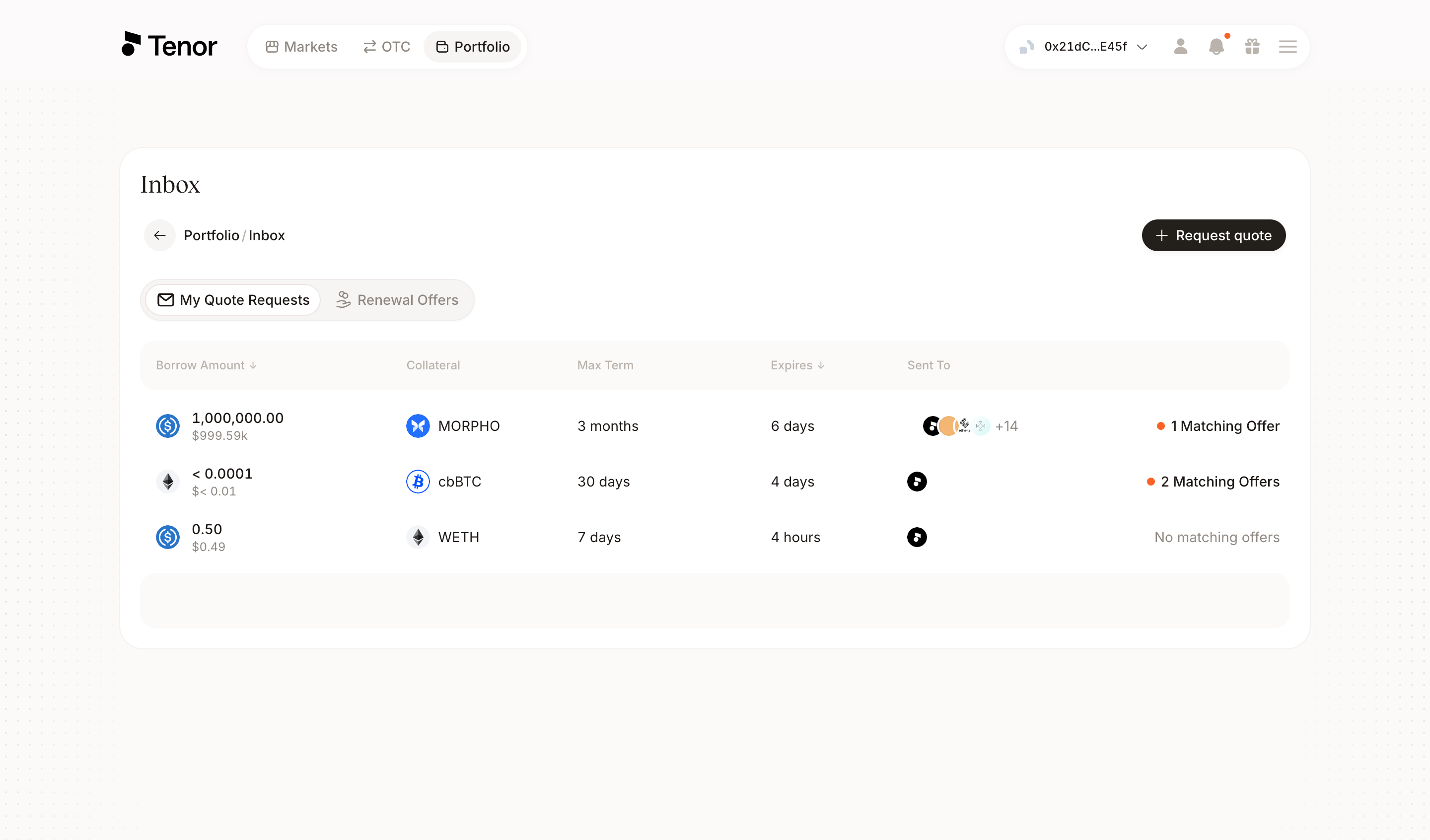 Inbox page showing the My Quote Requests tab, with each request's matching-offer status