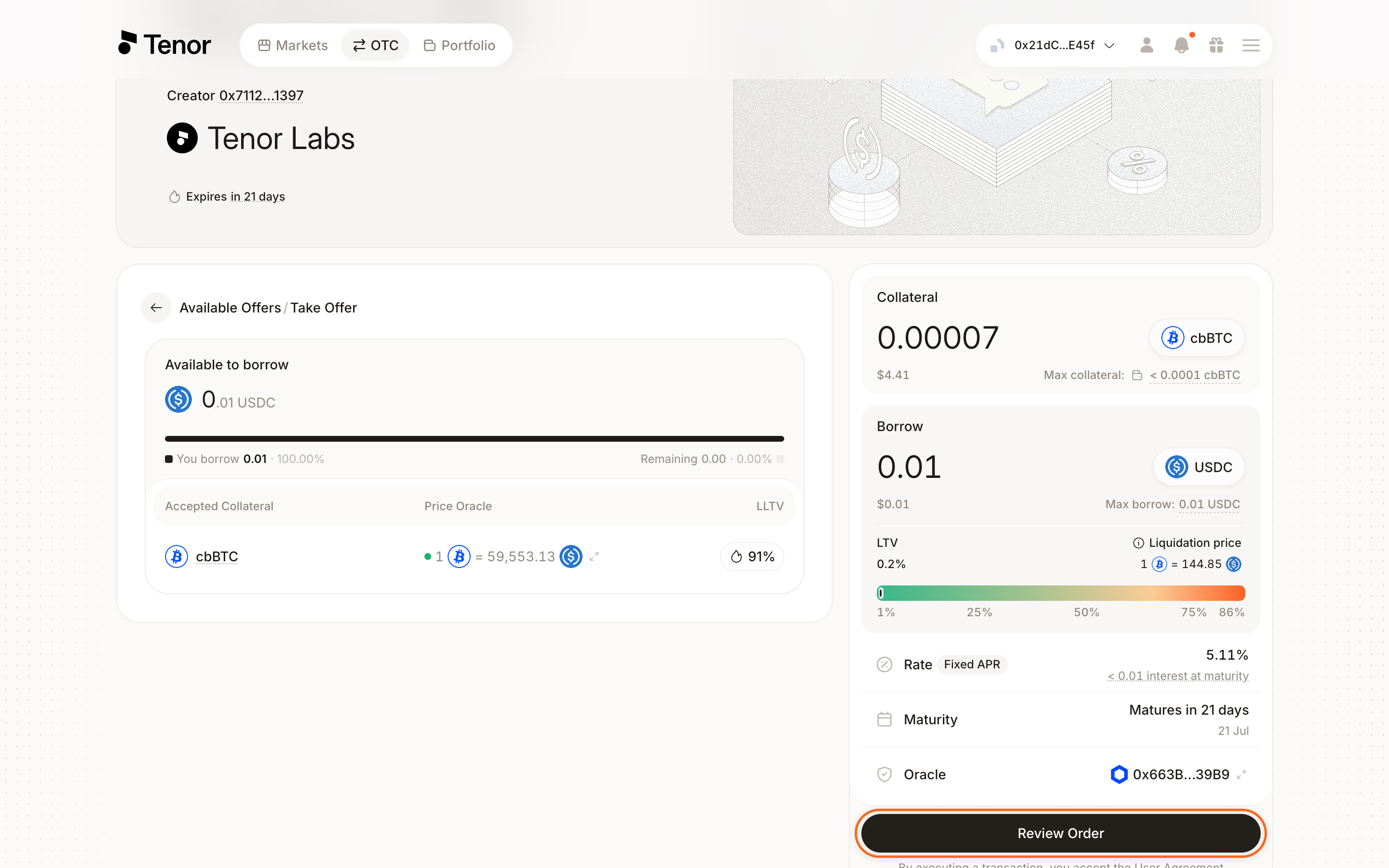 Offer detail page with the Review Order button highlighted