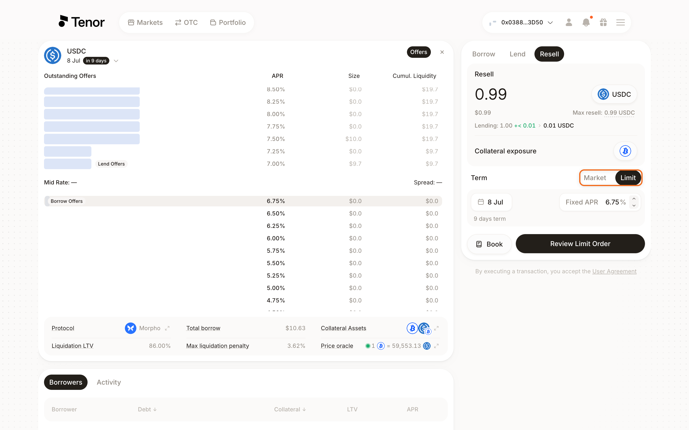 The Markets Resell tab with the Market and Limit toggle highlighted.