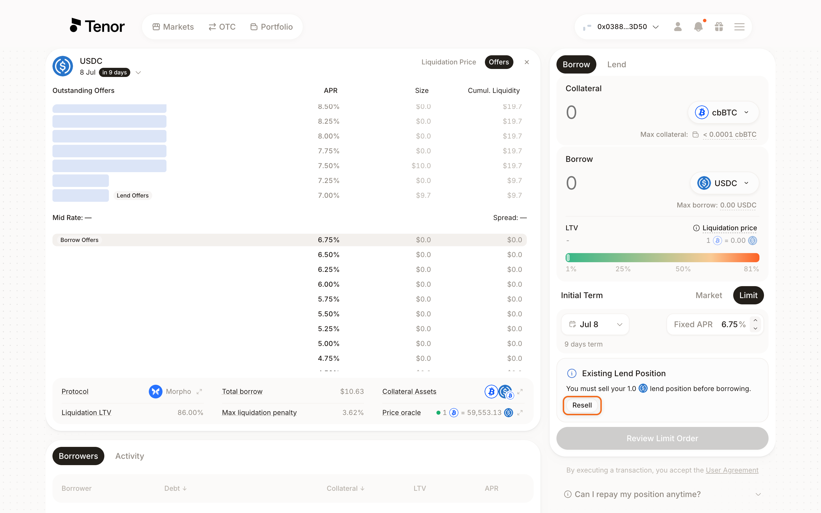 The Markets Borrow component showing the Existing Lend Position prompt with the Resell button highlighted.