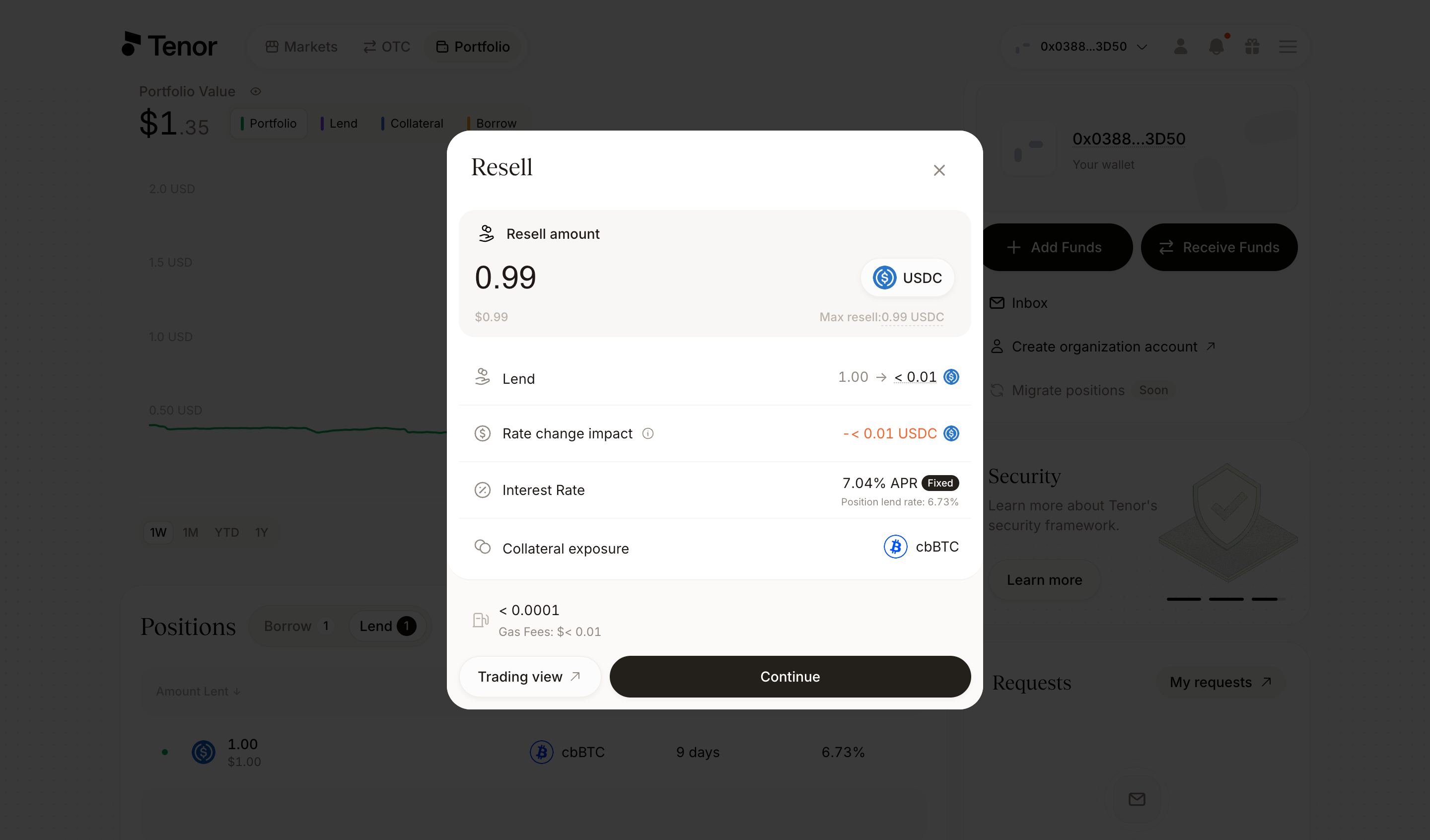 The Resell window with the resell amount field, the updated lend balance, rate change impact, interest rate, and collateral exposure details.