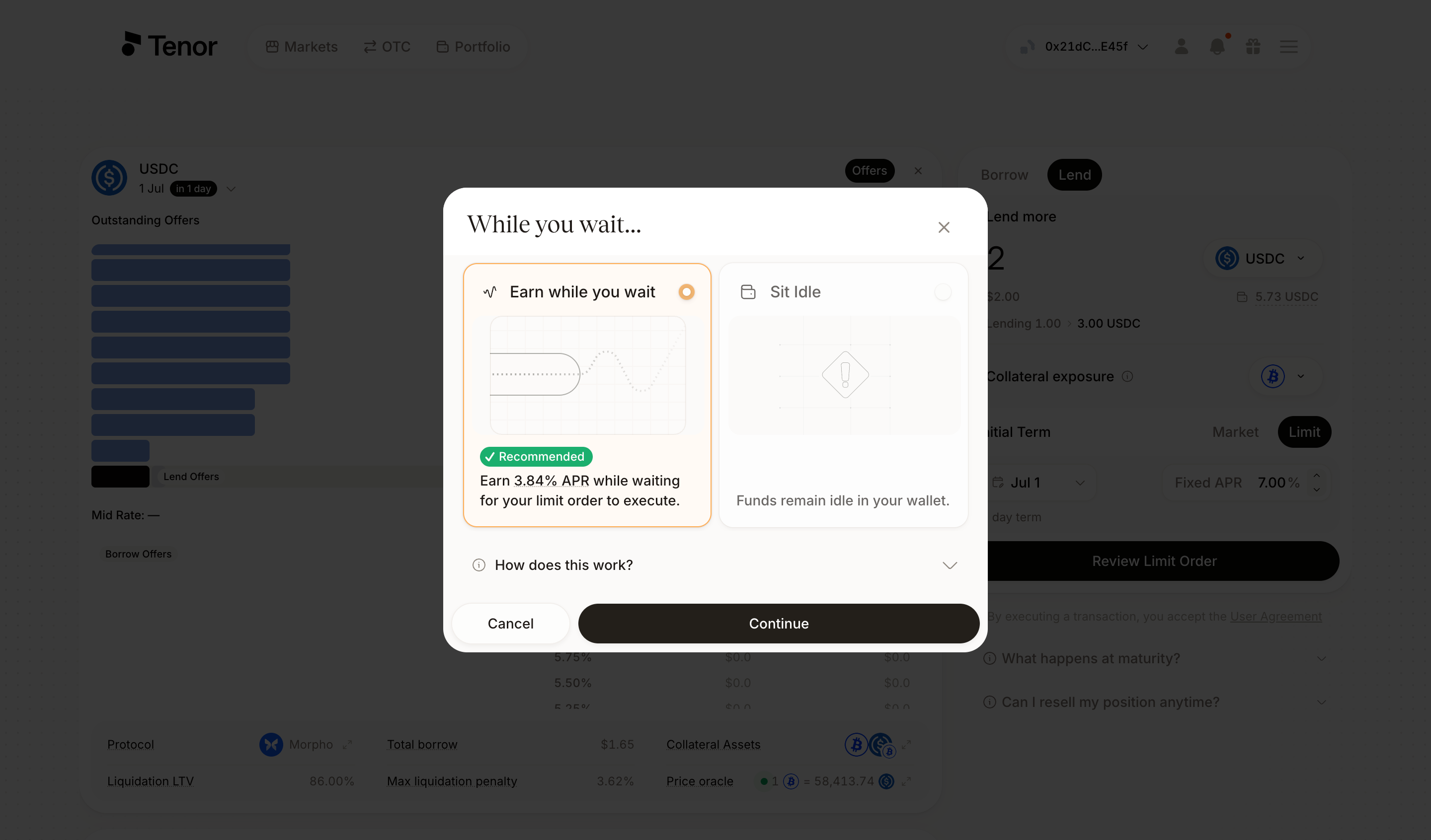 The While you wait modal with the Earn while you wait option selected and Sit Idle alongside it.