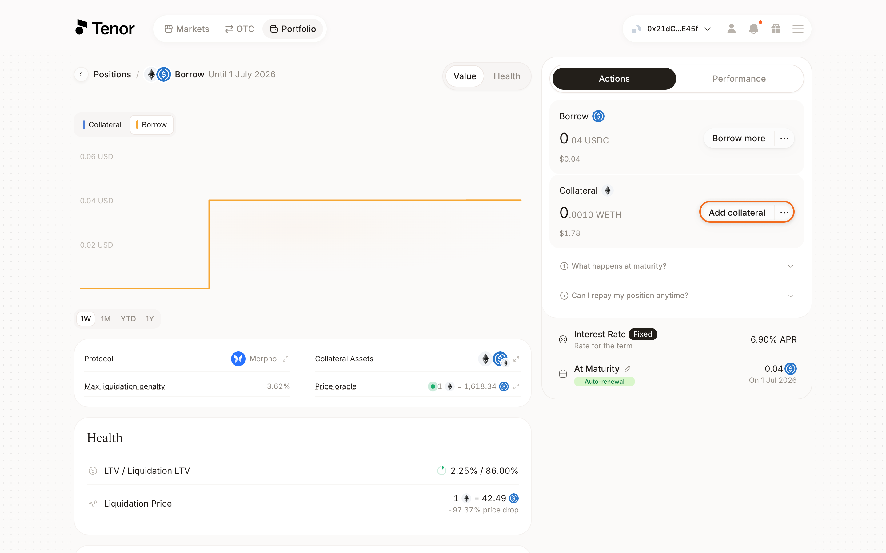 The position detail page with the Actions tab open and the Add collateral button highlighted.