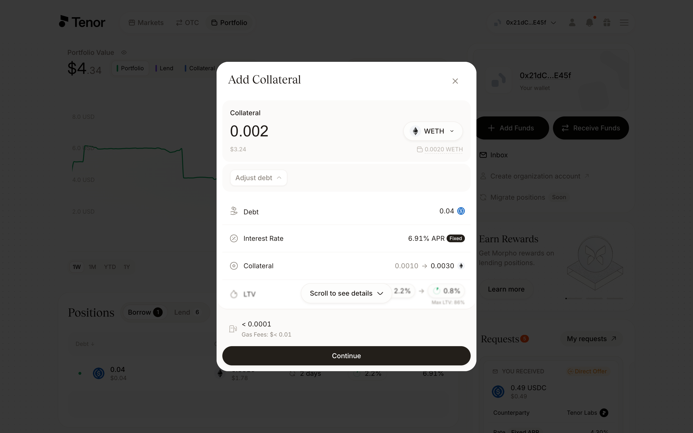 The Add Collateral window with the collateral amount field.
