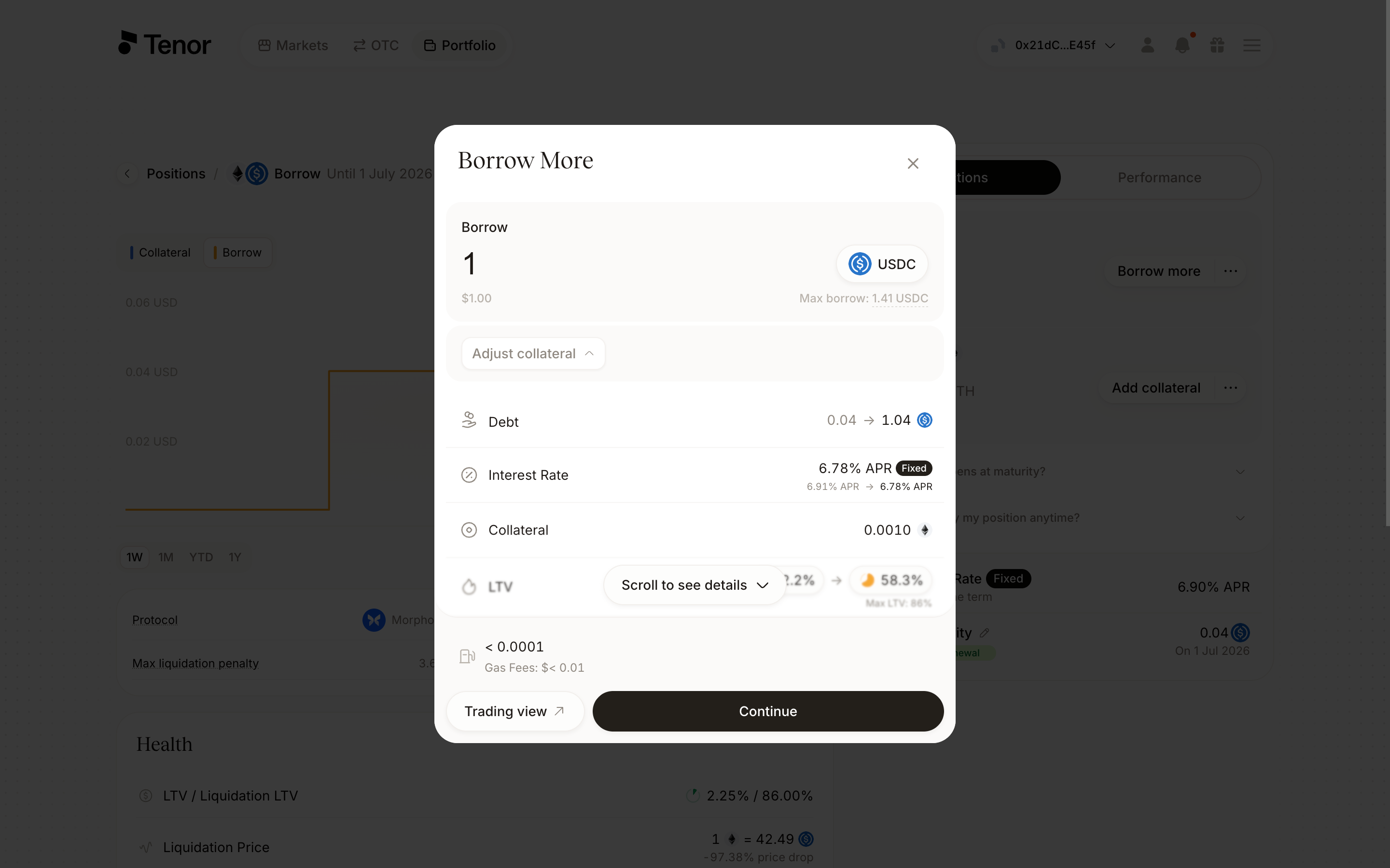 The Borrow More window over the position page with the borrow amount field and the updated debt, interest rate, collateral, and LTV details.