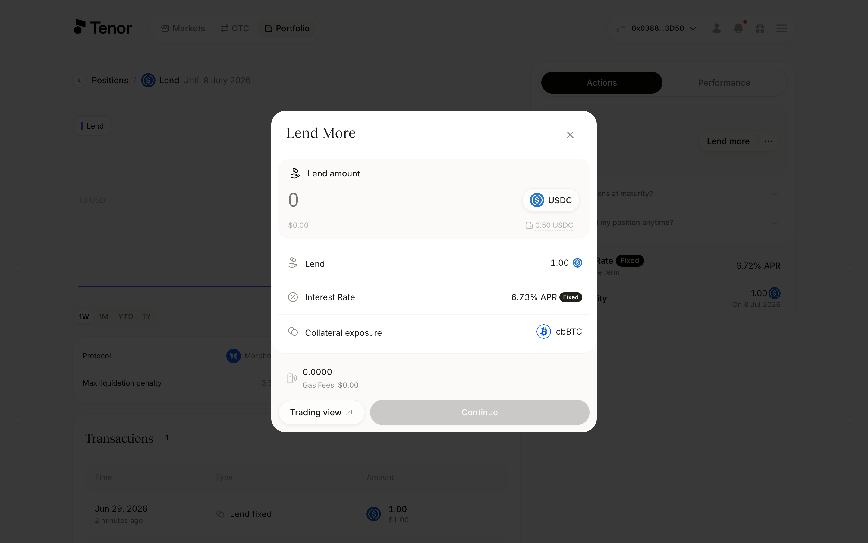 The Lend More window over the position page with the lend amount field and the interest rate and collateral exposure details.