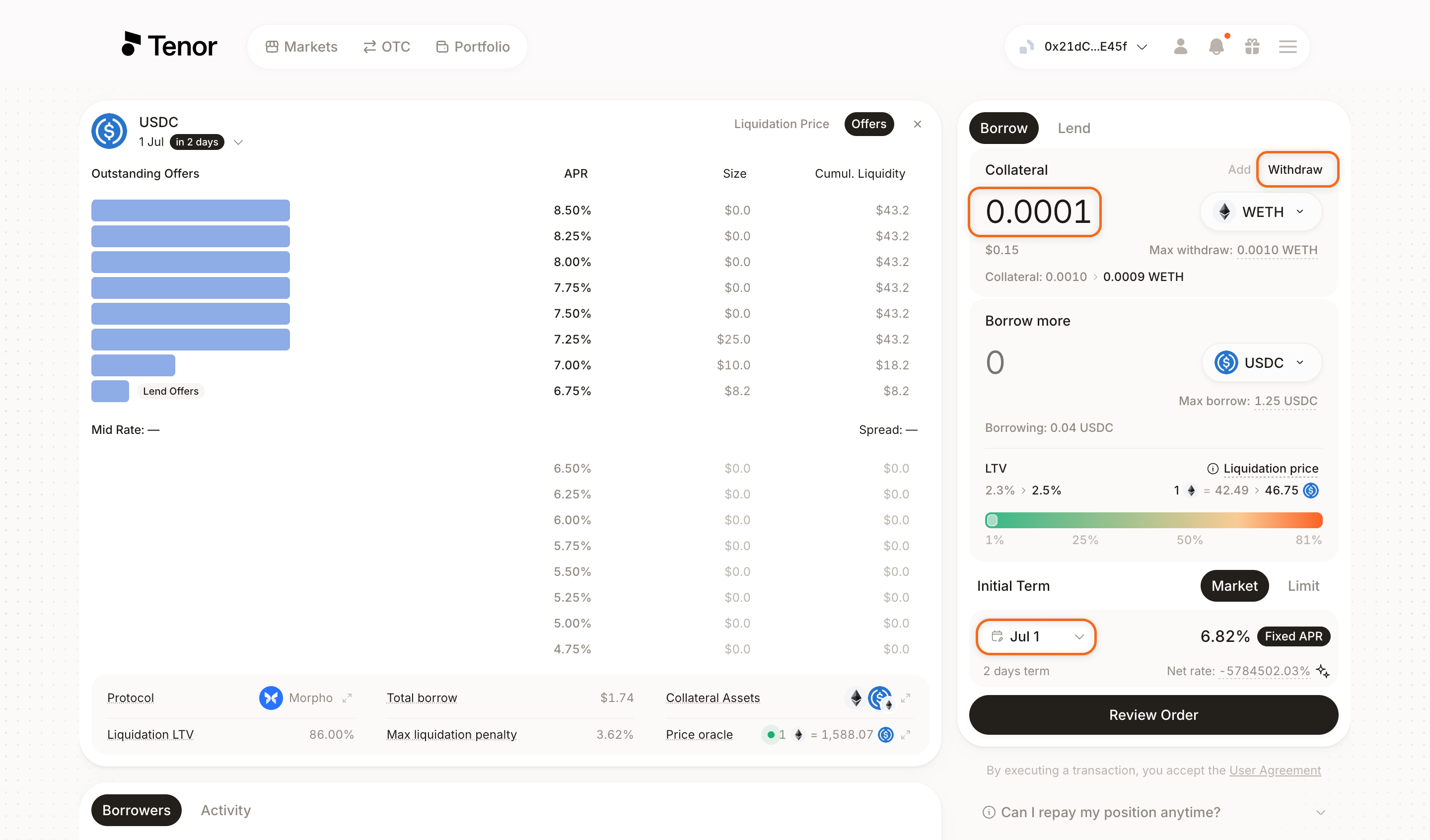 The Markets borrow component with the term selector, the Withdraw tab, and the collateral amount field highlighted.