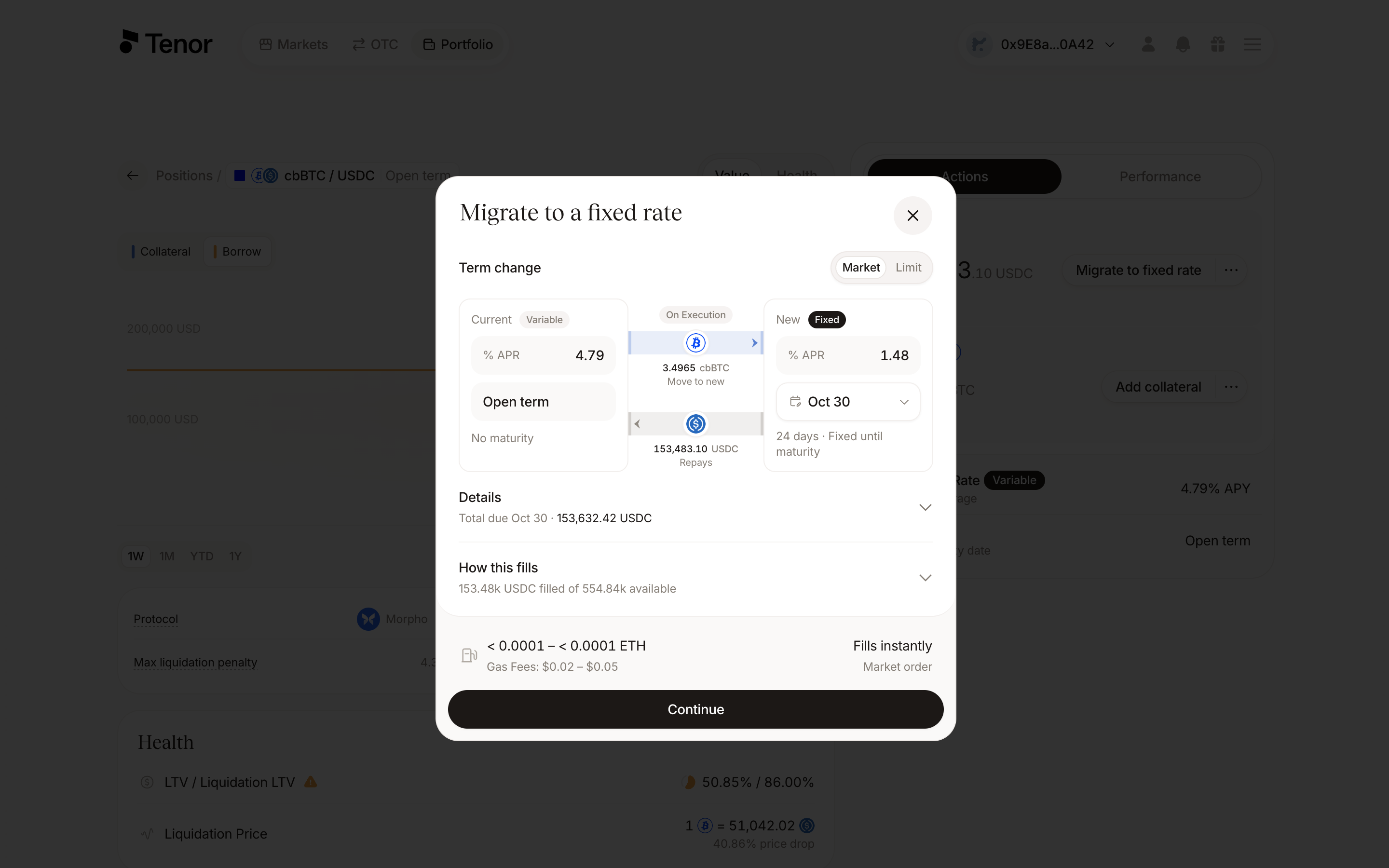 The Migrate to fixed rate window over the position page showing the current variable-rate position, the term selector, and the new fixed rate.