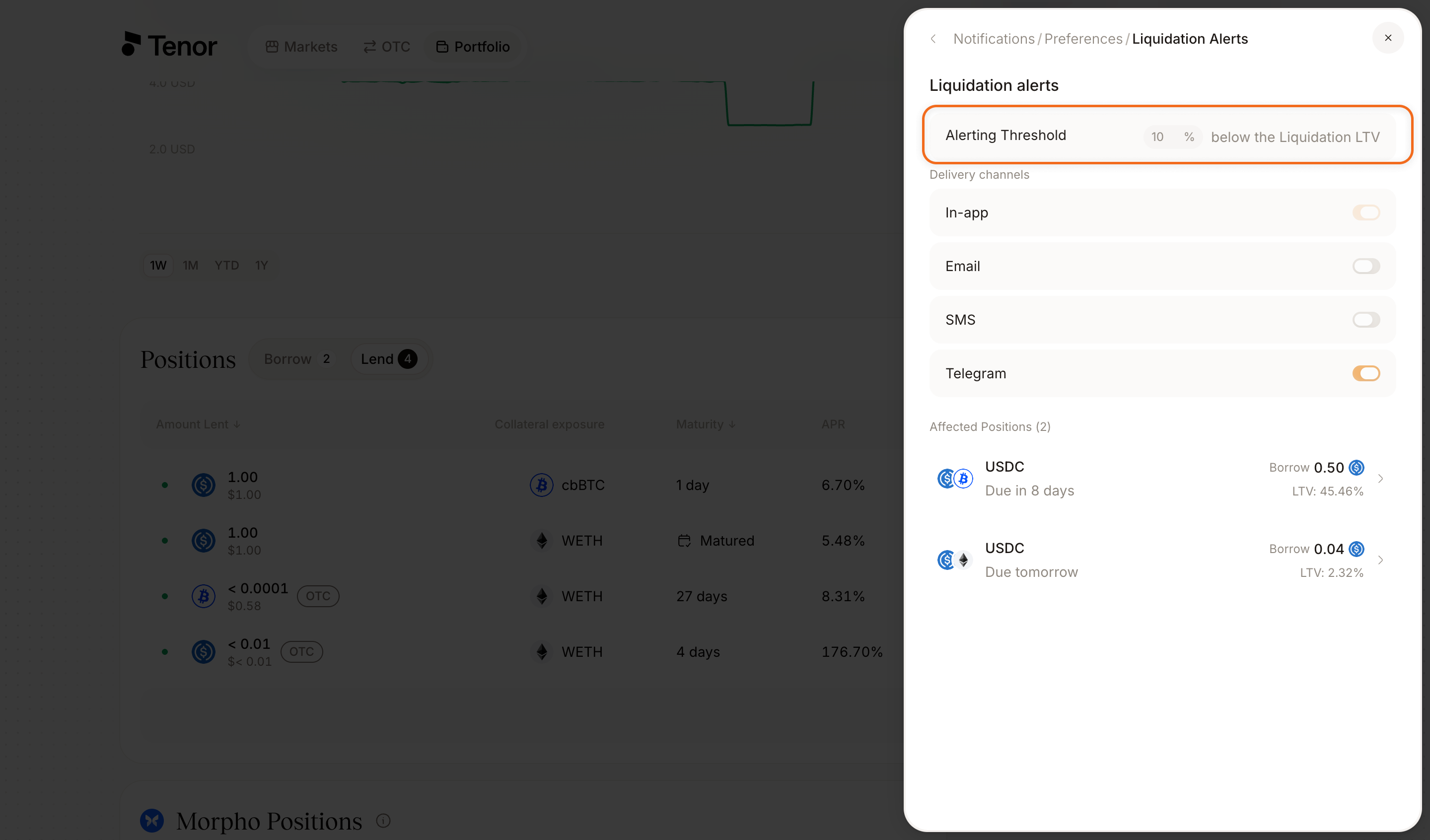 The liquidation alerts screen with the alerting threshold field highlighted