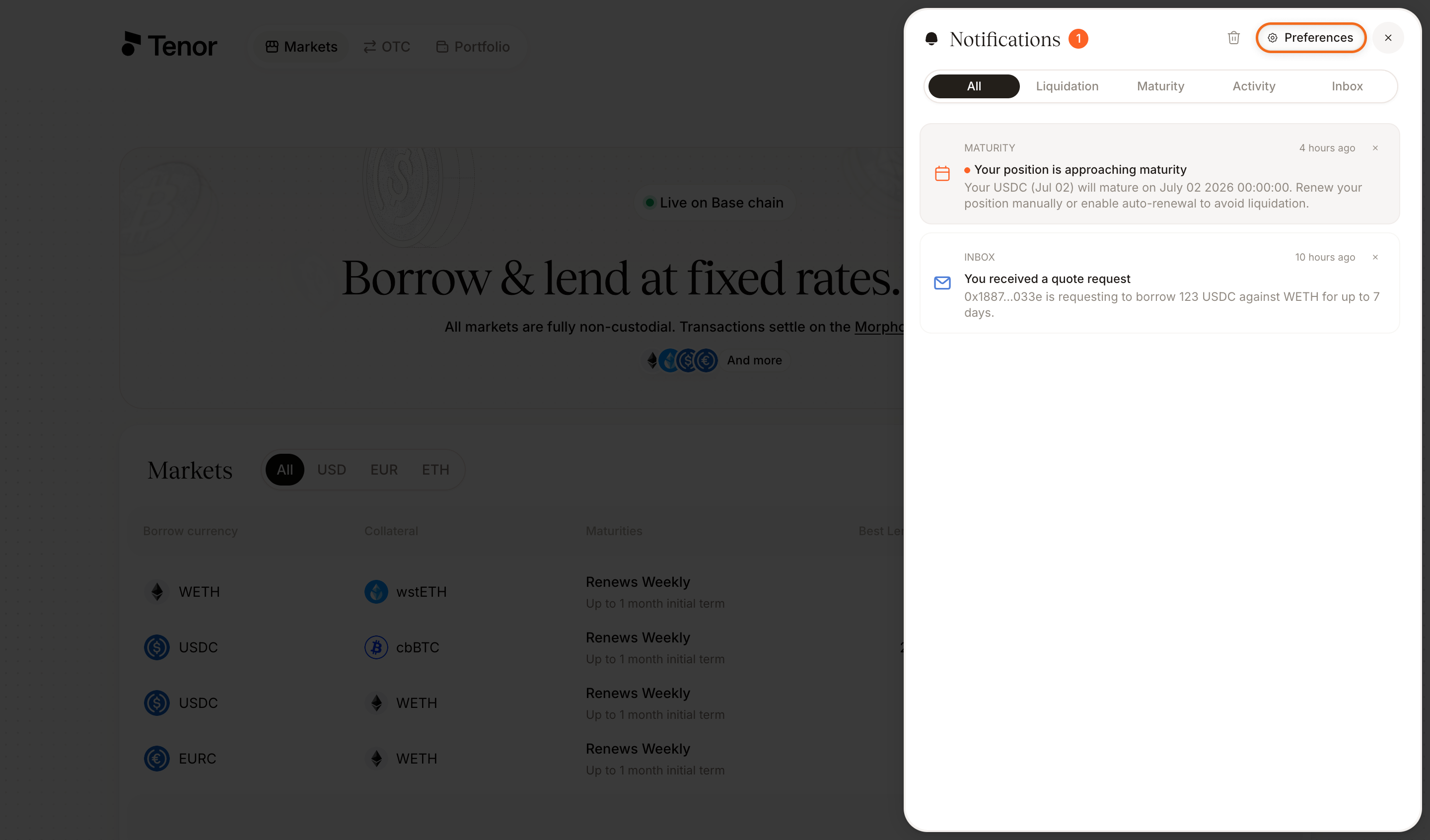 The notification panel with the Preferences button in the header
